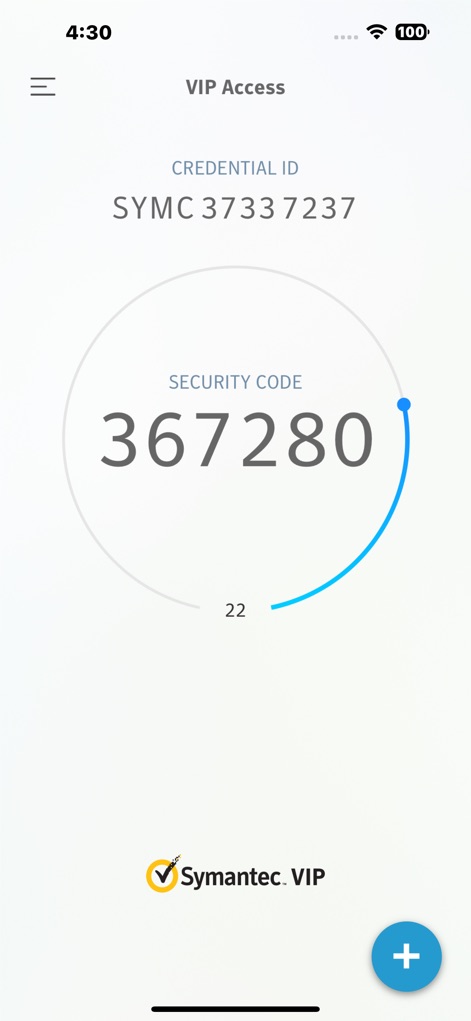 VIP Access for iPhone - This screen prominently displays a dynamically generated security code for Symantec VIP, complete with a rotating timer indicator showing its validity period.