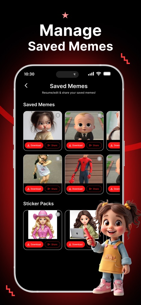Red gifs: make it meme - Esta tela exibe uma coleção de memes e pacotes de adesivos salvos, com seções dedicadas a 'Saved Memes' e 'Sticker Packs', permitindo aos usuários retomar, editar e compartilhar suas criações.