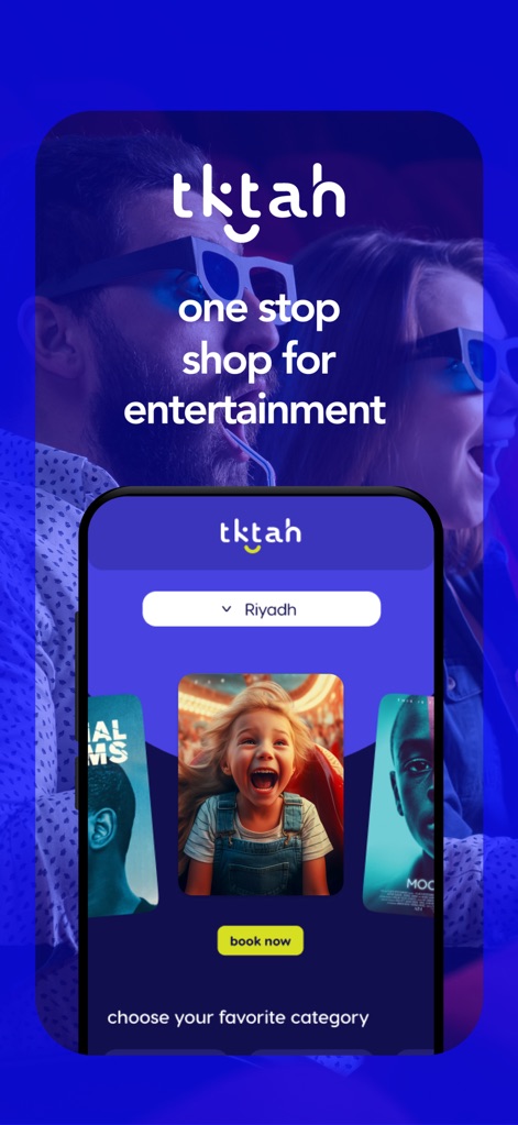 tktah - The app provides a streamlined interface for users to select their preferred city, such as Riyadh, and navigate through a diverse carousel of event categories.