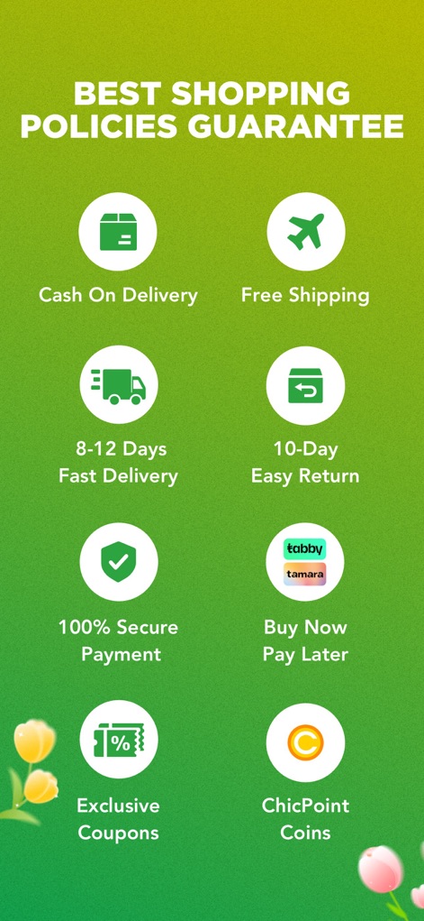 Chicpoint - Fashion shopping - Questo screenshot illustra le politiche di shopping vantaggiose, evidenziando opzioni flessibili come il 'Cash On Delivery' e la possibilità di 'Buy Now Pay Later' tramite Tabby e Tamara.