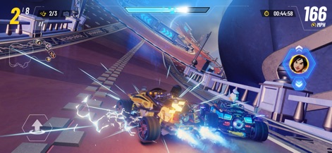 Disney Speedstorm - Observe an intense moment of combat racing, characterized by karts clashing with visual effects and the race interface showing current speed and player position.