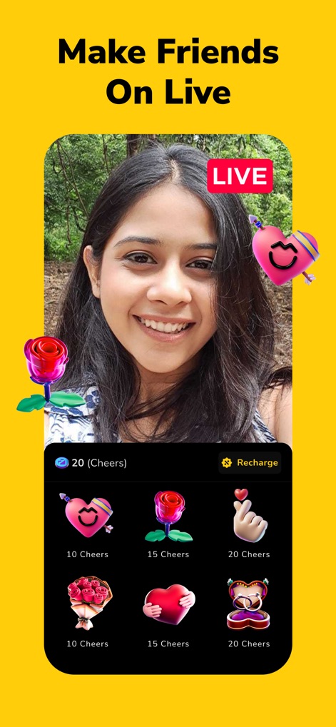 Moj: Video Live & Short Videos - L'application permet aux utilisateurs de se connecter en temps réel grâce à l'indicateur 'LIVE' et d'exprimer leur soutien via l'envoi de coeurs animés ou de roses virtuelles.