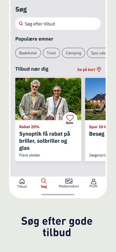 Ældre Sagen Tilbud - 이 앱은 통합 검색창을 제공하여 사용자가 특정 혜택을 찾을 수 있게 하며, '인기 주제' 태그와 같은 필터를 통해 탐색을 용이하게 합니다.