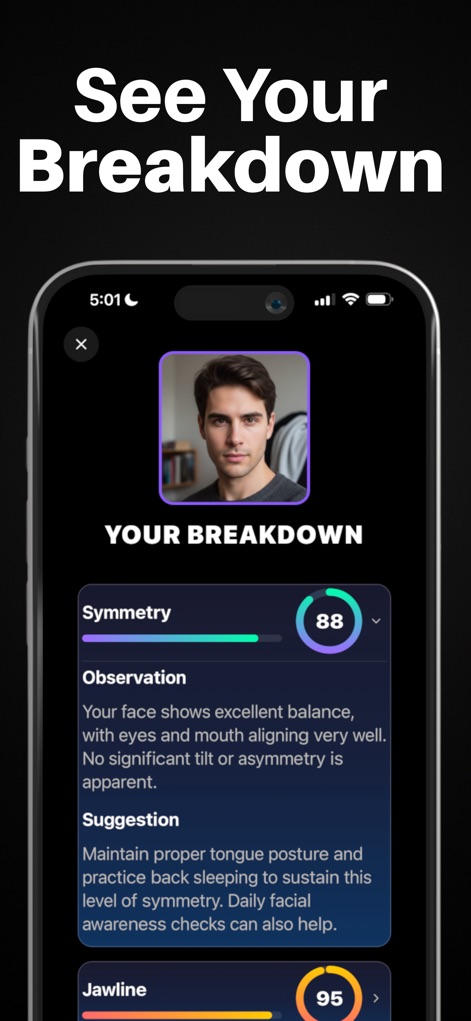 Mogged: Glow Up for Men - This tool offers a comprehensive 'Breakdown' for each metric, providing 'Observation' and 'Suggestion' tailored to improve areas like facial symmetry.