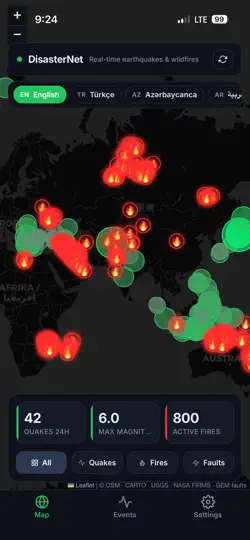 Capture d'écran de DisasterNet — Quakes & Fires sur iPhone 6