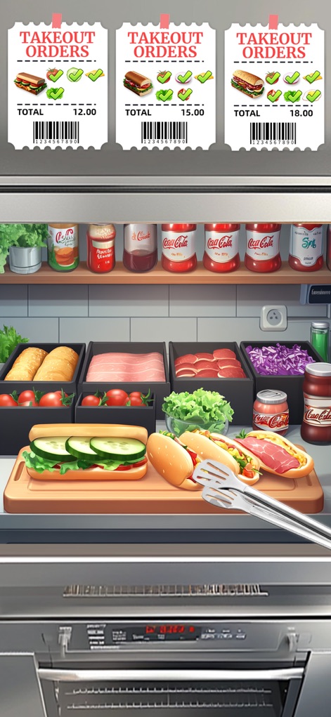 Cooking Fun®: Food Games - This screenshot captures the diverse snack bar offerings, displaying hearty sandwiches and classic hotdogs alongside a selection of popular canned drinks.