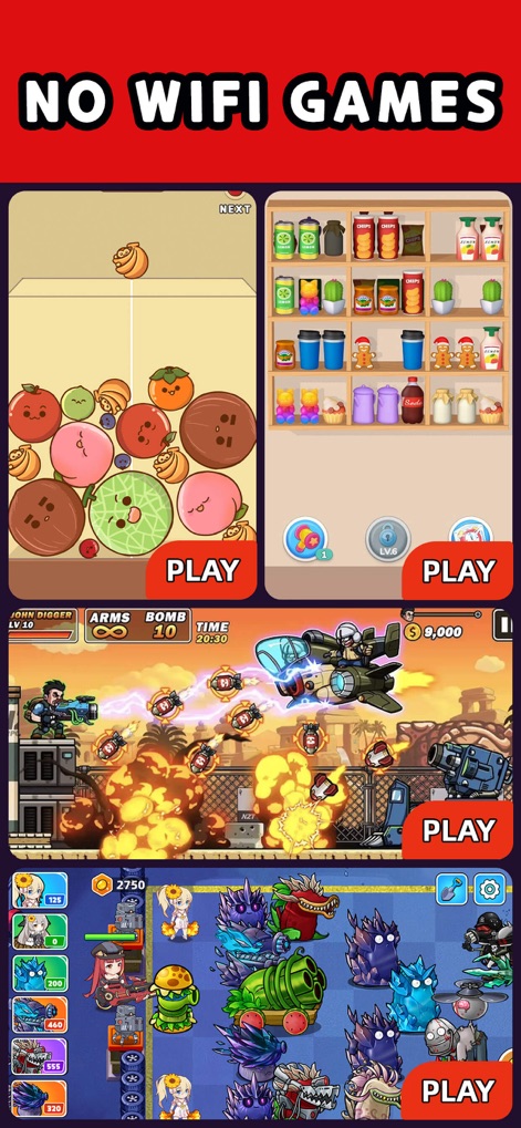 99 Games-Offline Games No Wifi - A tela final ilustra a funcionalidade "NO WIFI GAMES" em ação, apresentando a jogabilidade dinâmica de um jogo de tiro estilo side-scrolling e a organização estratégica de itens em prateleiras.