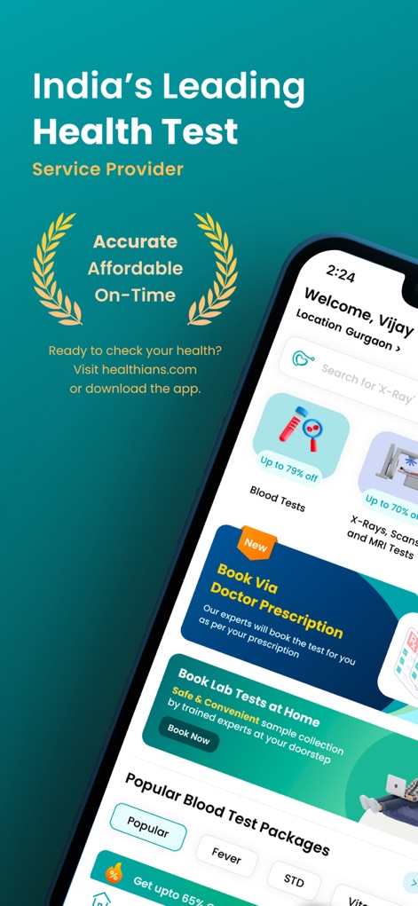 Healthians - Full Body Checkup - Explore the app's user-friendly interface, showcasing the prominent 'Book Via Doctor Prescription' section and a list of 'Popular Blood Test Packages'.