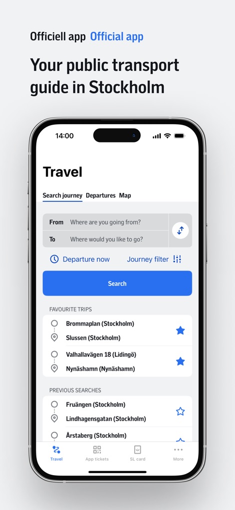 SL-Journey planner and tickets - Users can effortlessly plan journeys by utilizing intuitive input fields and accessing convenient favourite and previous searches.