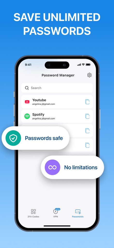 BlazeAuth - MFA Authenticator - La aplicación ofrece un gestor de contraseñas que permite almacenar un número ilimitado de credenciales, como se indica en las burbujas flotantes 'No limitations', y mantiene todas las contraseñas seguras, como se muestra en la lista de cuentas para servicios como YouTube y Spotify.