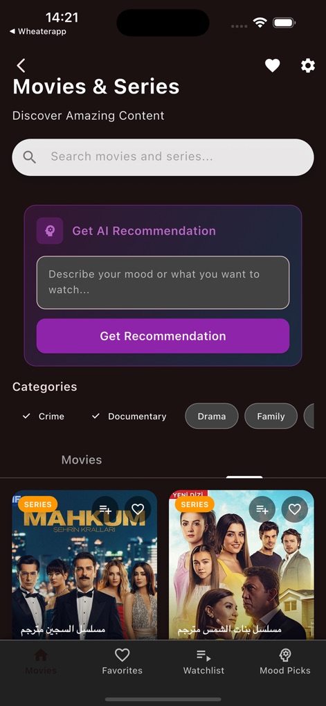 قصة عشق مسلسلات تركية - La interfaz principal presenta una barra de búsqueda para explorar contenido y una destacada tarjeta de 'Obtener Recomendación IA' que invita a los usuarios a describir su estado de ánimo para sugerencias personalizadas.