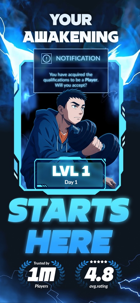 Arise: Level Up In Real Life - See how the app initiates users with a player qualification notification and tracks their initial level and daily progression.