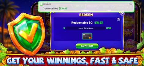Lavish Luck Casino - The app demonstrates its secure redemption process with clear 'Redeemable SC' balances and a shielded confirmation interface.