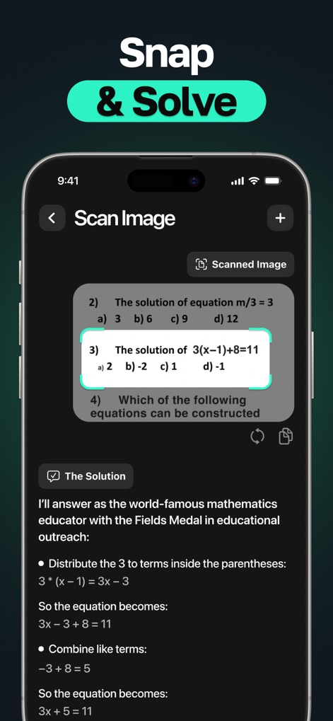 AI Chat Bot - My Assistant - 「Snap & Solve」機能により、ユーザーは数学問題の画像をスキャンして入力でき、詳細なステップバイステップの解決策を得られます。
