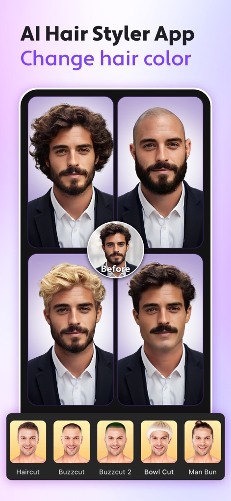 Cosmo: AI Editor, Hair Filters - This tool showcases diverse AI-generated hairstyles and hair color changes, allowing users to visualize radical makeovers from a single "Before" image.