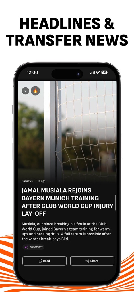 LiveScore: Live Sports Scores - Users stay informed with breaking headlines, such as the "JAMAL MUSIALA REJOINS" story, and an "AI SUMMARY" feature for quick insights.