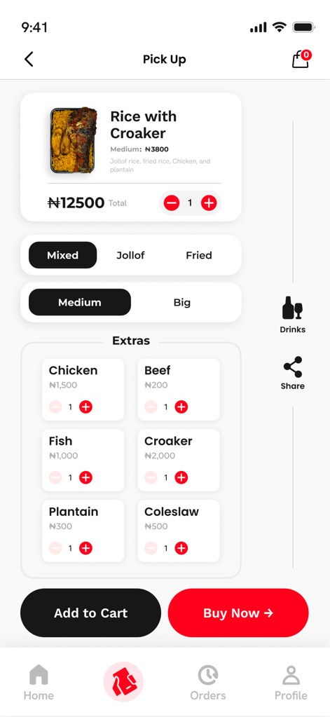 Item7go - La aplicación permite a los usuarios personalizar su pedido de arroz, ofreciendo opciones para 'Mixed', 'Jollof' o 'Fried', y una selección detallada de extras como 'Chicken' y 'Plantain'.