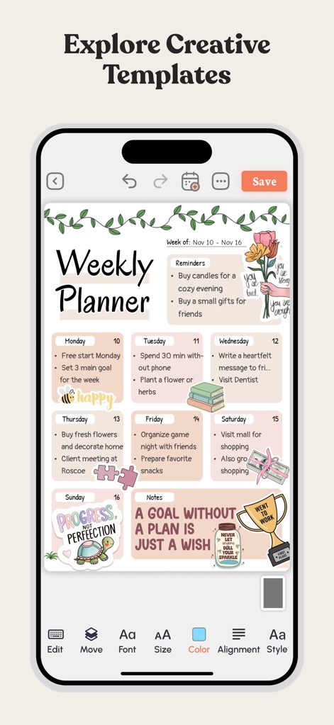 Daily Planner & To Do List - L'app offre un layout settimanale organizzato per una pianificazione chiara e include promemoria personalizzabili per tenere traccia di appuntamenti e obiettivi importanti.