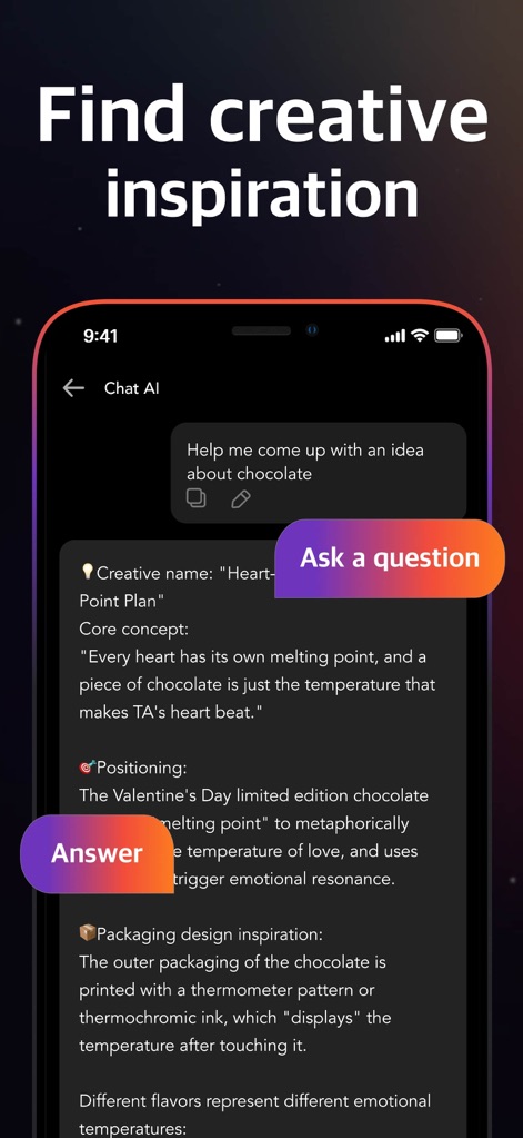 Gamm.AI - AI Chatbot Assistant - Explore how the intelligent AI chatbot assists users in brainstorming creative ideas, as demonstrated by the user's input query and the app's detailed, imaginative response.