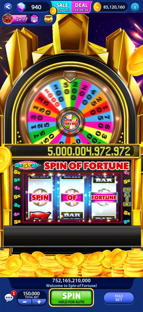 Cash Billionaire casino games - This screenshot highlights the exciting 'Spin of Fortune' bonus wheel and the classic 3-reel slot machine interface, complete with a massive virtual coin balance display.