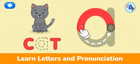 Kids Learning Games: Toddlers - Esta herramienta facilita el reconocimiento de letras con la gran 'a' siendo trazada por una mano y la palabra 'COT' mostrando puntos para trazar, fomentando el aprendizaje de 'Letras y Pronunciación'.
