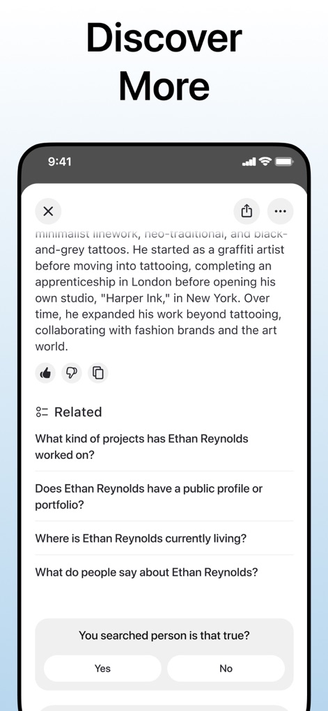 Deepsearch AI Search Assistant - Users can delve deeper into search results, with the app providing additional related questions and options for user feedback on result accuracy.