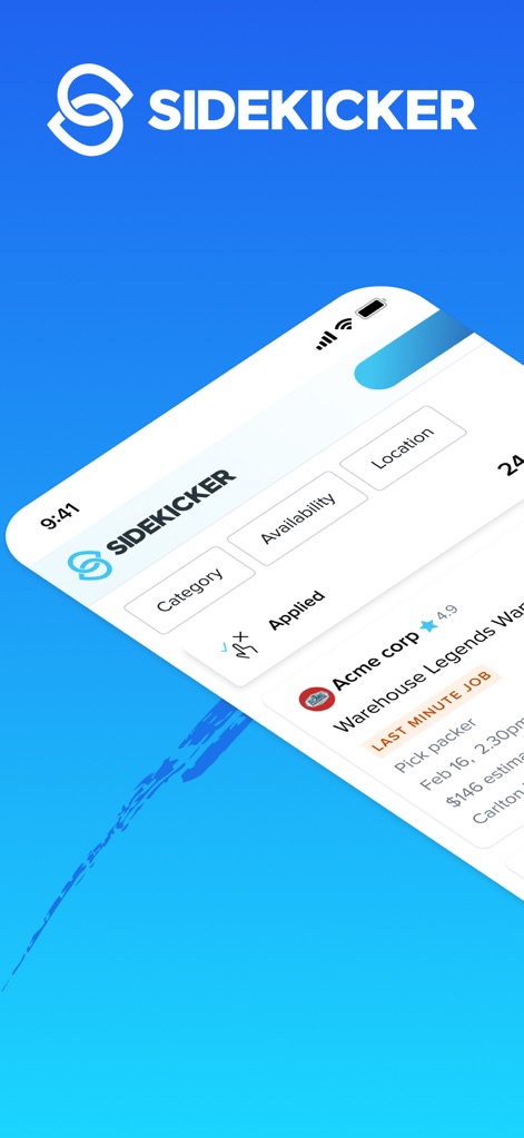 Sidekicker: Worker app - The app presents a clear job feed with filters for 'Category' and 'Availability', making it easy for users to discover relevant opportunities.
