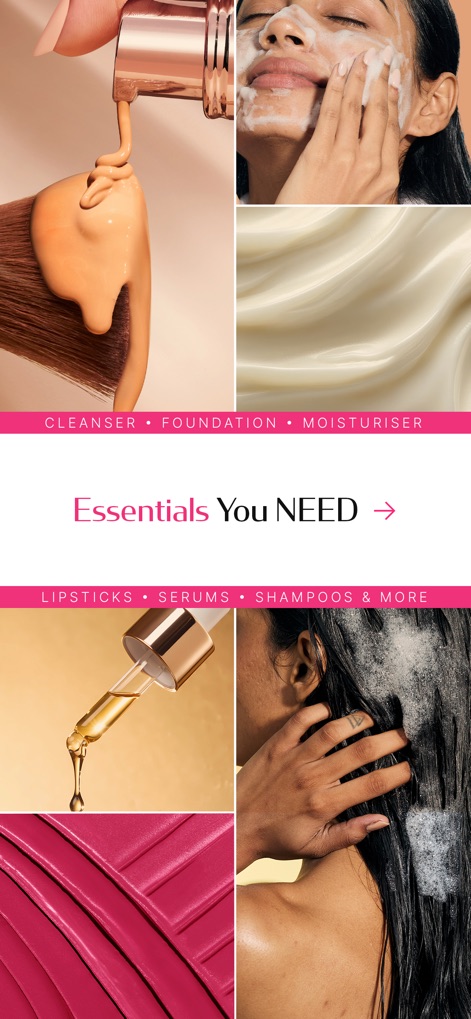 Nykaa – Makeup/Beauty Shopping - Questa panoramica visiva mostra gli "essenziali di bellezza" attraverso un collage dinamico di texture e applicazioni, includendo prodotti come "fondotinta" e "shampoo", per ispirare e guidare la scelta.