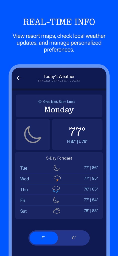 Sandals & Beaches Resorts - This tool keeps travelers informed with real-time weather conditions for their resort location and a detailed 5-day forecast.