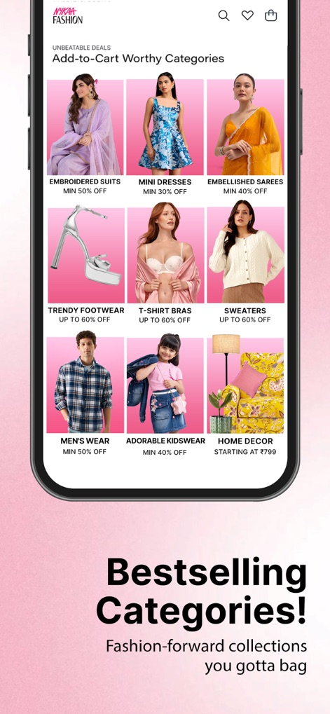 Nykaa Fashion - Shopping App - Eine breite Palette meistverkaufter Kategorien wird angezeigt, darunter Kleidung für Damen und Herren sowie Home Decor, wobei jedes Produktbild mit einem attraktiven Rabatt versehen ist.