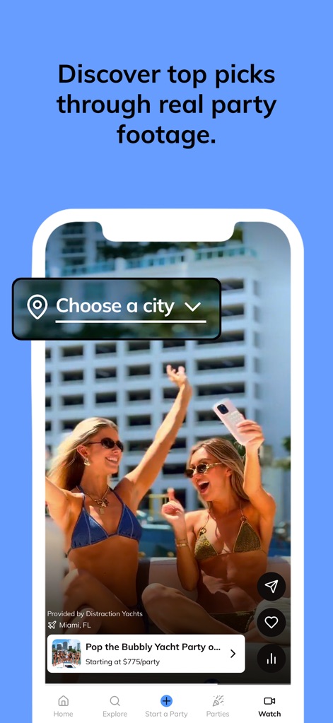 Batch: Let’s Party - This tool offers immersive content through a video-like feed and a 'Choose a city' selector, allowing users to discover experiences with real party footage.