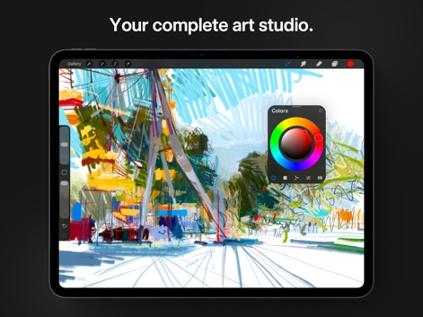 Procreate - La interfaz muestra un lienzo vibrante con trazos expresivos y la herramienta de selección de colores flotante, permitiendo ajustes cromáticos precisos.