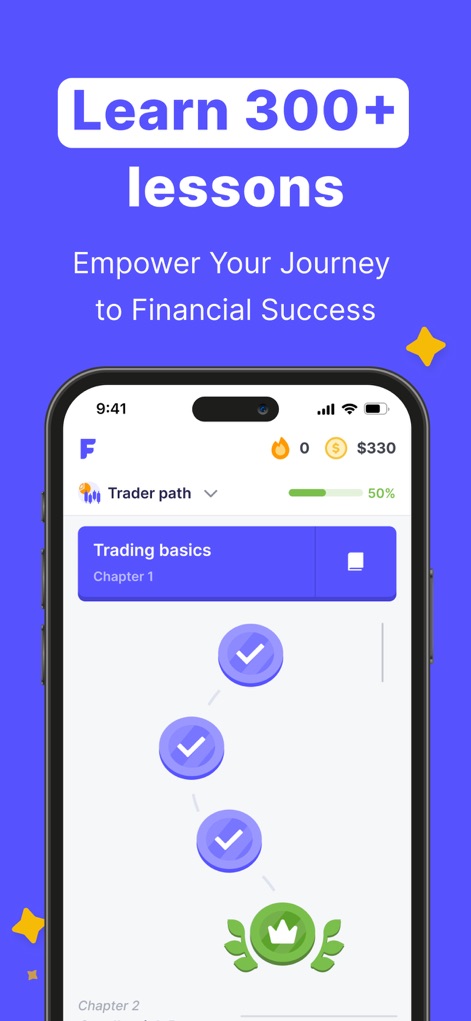 Finelo: Master Trading - Explore the app's comprehensive 'Trader path' with '300+ lessons' designed to guide users from beginner to pro.
