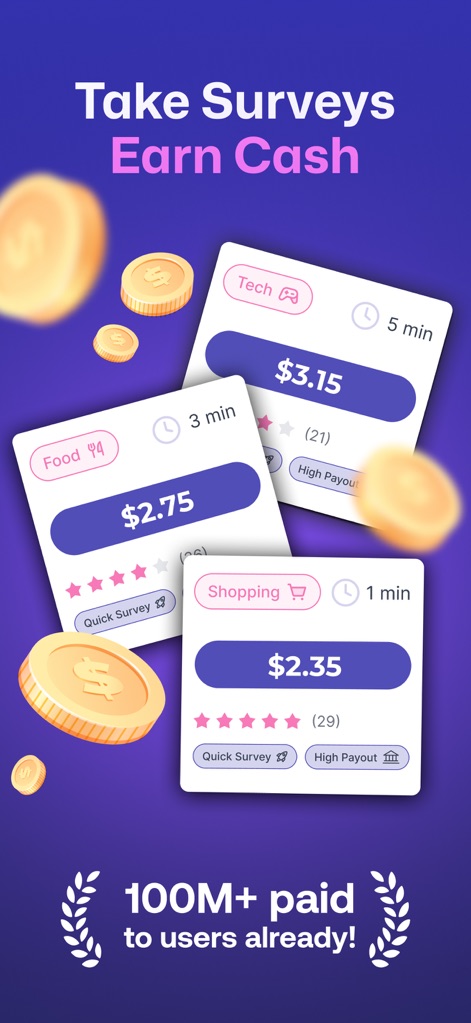 EarnStar: Earn Money Fast - The app presents diverse survey cards detailing their category tags like "Tech" or "Food" and the specific dollar amounts users can earn.