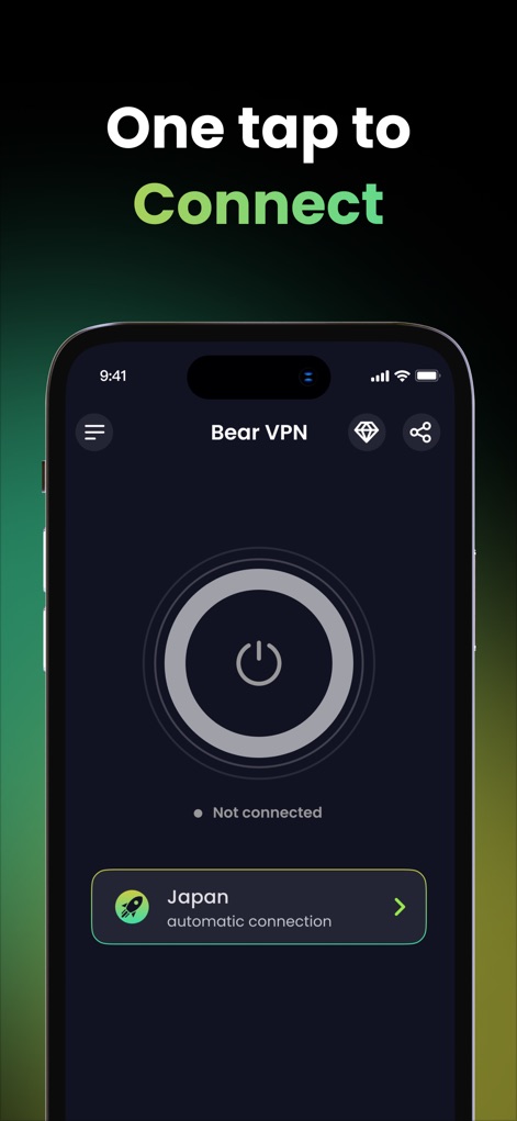 Bear VPN - Fast VPN Proxy - Les utilisateurs activent la protection en un instant grâce au bouton de connexion central, et l'application suggère une connexion automatique comme le Japon pour une commodité optimale.