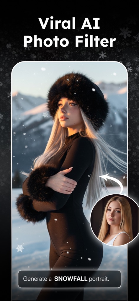 AI Photo Generator - Collart - Users can apply trending AI photo filters like the "SNOWFALL portrait" effect, enhancing images with dynamic elements and comparing them to the "Original" photo.