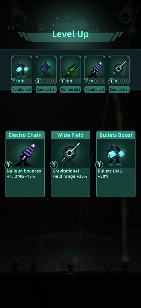 Galaxy Defense: Fortress TD - Die App stellt den "Level Up"-Bildschirm vor, auf dem Spieler zwischen verschiedenen Turm-Upgrades wie "Electro Chain" und "Wide Field" wählen können.