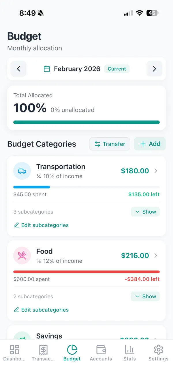 Mango Budget budget categories screen