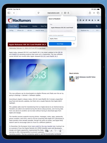 Save to Readeck iPad screenshot