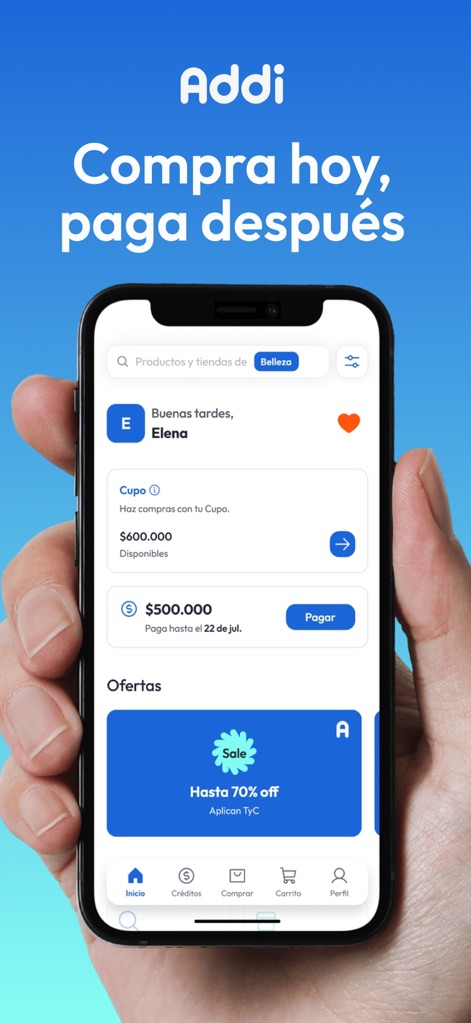 Addi Shop - Compra a cuotas - See how the app displays a user's available credit limit ("Cupo") and showcases current exclusive offers to facilitate immediate purchasing decisions.