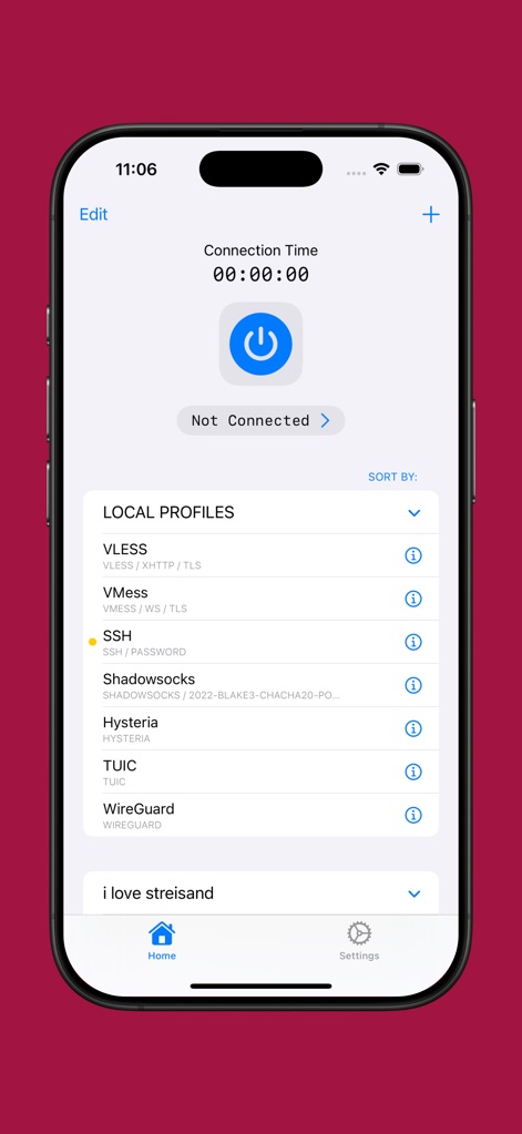 Streisand - Users can easily manage their secure connections through the prominent power button and review the comprehensive list of supported protocols, including VLESS and WireGuard.
