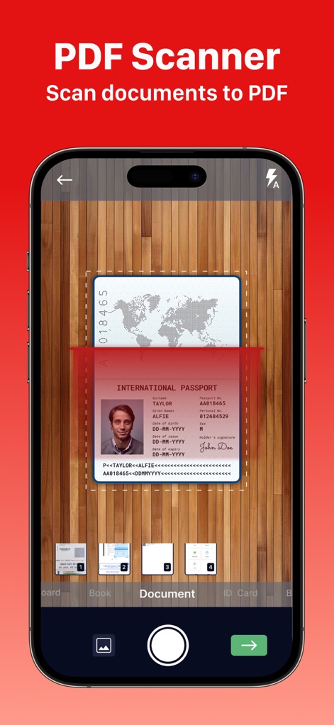 PDF Editor: Read, Scan & Sign - The app transforms physical documents into digital PDFs, demonstrated by the camera's precise scan of an "INTERNATIONAL PASSPORT" and the clear numerical step indicators at the bottom.