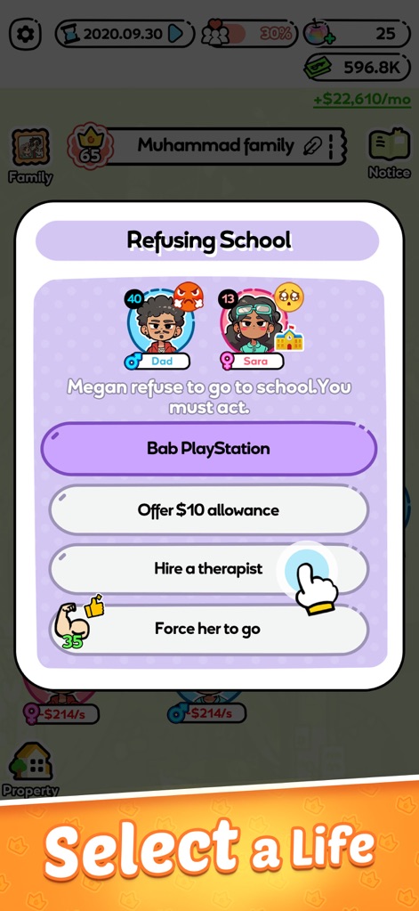 Family Go! - Lifetime Sim game - Los jugadores se enfrentan a un evento de "rechazo escolar" con distintas opciones de acción y los retratos de los personajes implicados.