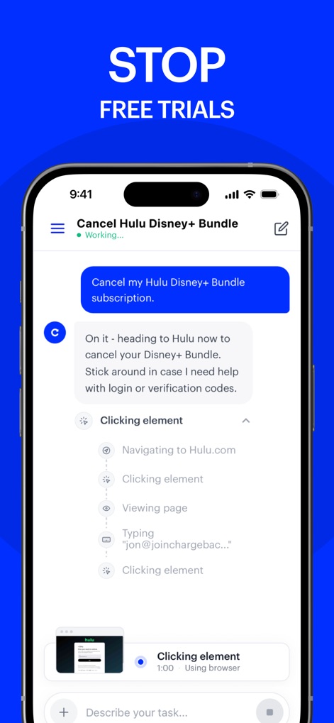 Cancel Subscriptions - Esta herramienta detalla la automatización de la cancelación, desde el botón "Cancel my Hulu Disney+ Bundle subscription" hasta los pasos de "Clicking element" y navegación web.
