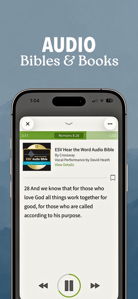 Bible App - Read & Study Daily - The app provides an intuitive audio player for titles like the "ESV Hear the Word Audio Bible," allowing users to follow along with the text of Romans 8:28 while listening.