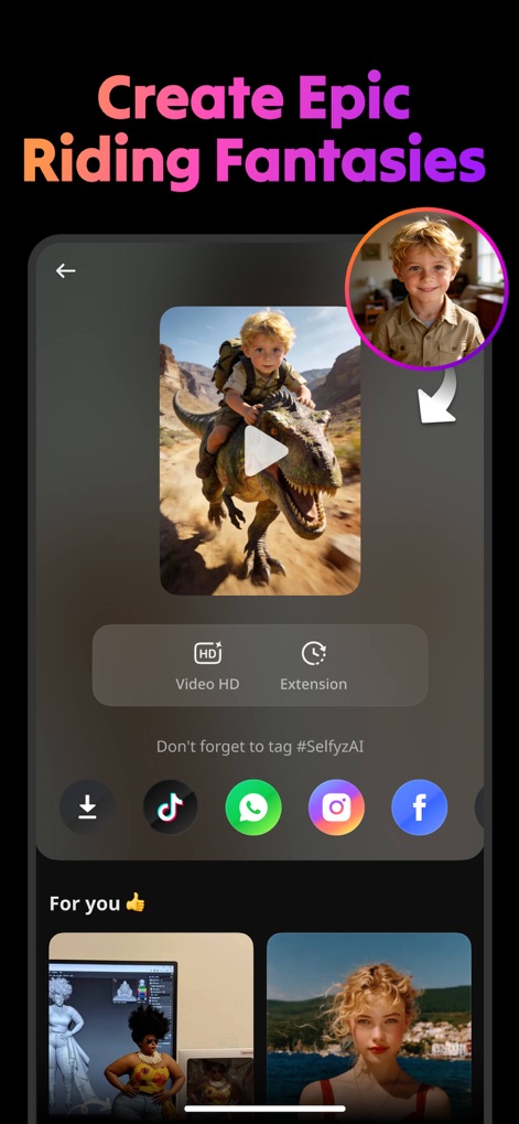 AI Video Generator : SelfyzAI - This tool allows users to transform a photo into imaginative video scenarios, like riding a dinosaur, and provides quick sharing options to popular social media platforms.