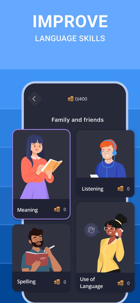 Learn English A1-C1: 2Shine - 「Family and friends」のセクションでは、「Meaning」や「Listening」といった具体的なスキルカテゴリーを通じて、ユーザーが多角的に英語力を向上させるための練習項目を提供しています。