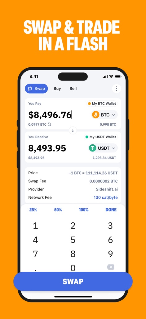 Bitcoin.com Wallet: Buy, sell - Users can easily exchange cryptocurrencies using the dedicated 'Swap' feature, with transparent details for 'Swap Fee' and 'Network Fee' clearly presented.