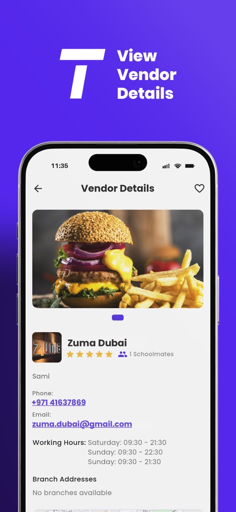 Tolaab - 이 화면은 매장의 대표 이미지와 함께 '전화번호' 및 '이메일'과 같은 연락처 정보를 제공하여 사용자가 쉽게 소통할 수 있도록 하며, 정확한 '영업 시간'을 안내합니다.
