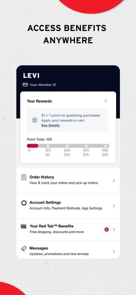 Levi's - Shop Denim & More - This screenshot reveals an intuitive dashboard for monitoring reward points progress and accessing vital account settings, ensuring full control over the user's profile.